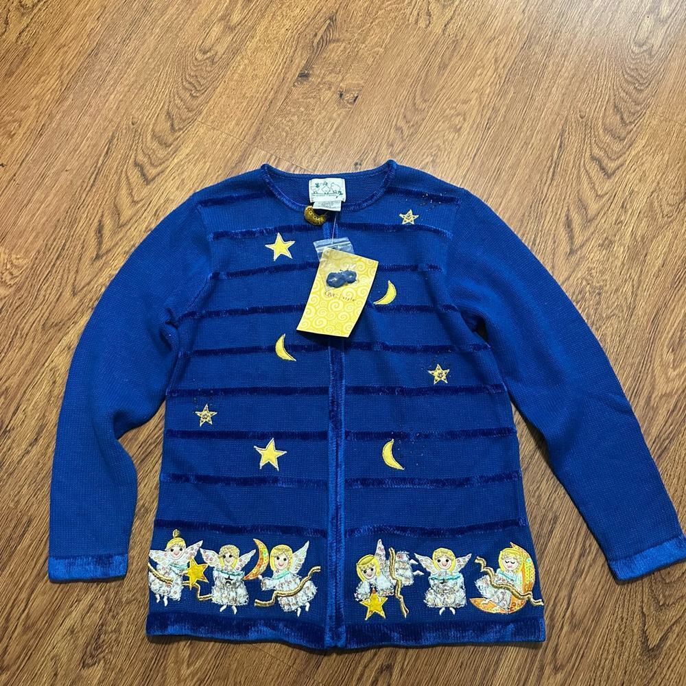 The Quaker Factory Blue knit star angle aplique cardigan sweater size small NWT